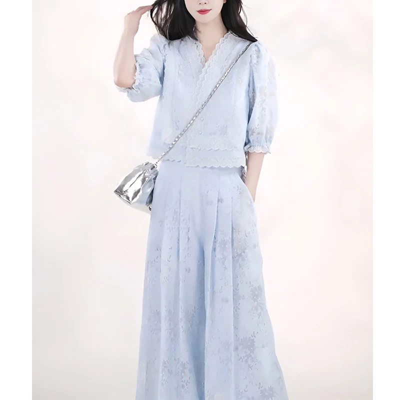 2025小香风女夏新款气质名媛别致高级感蕾丝阔腿裤套装夏季显瘦