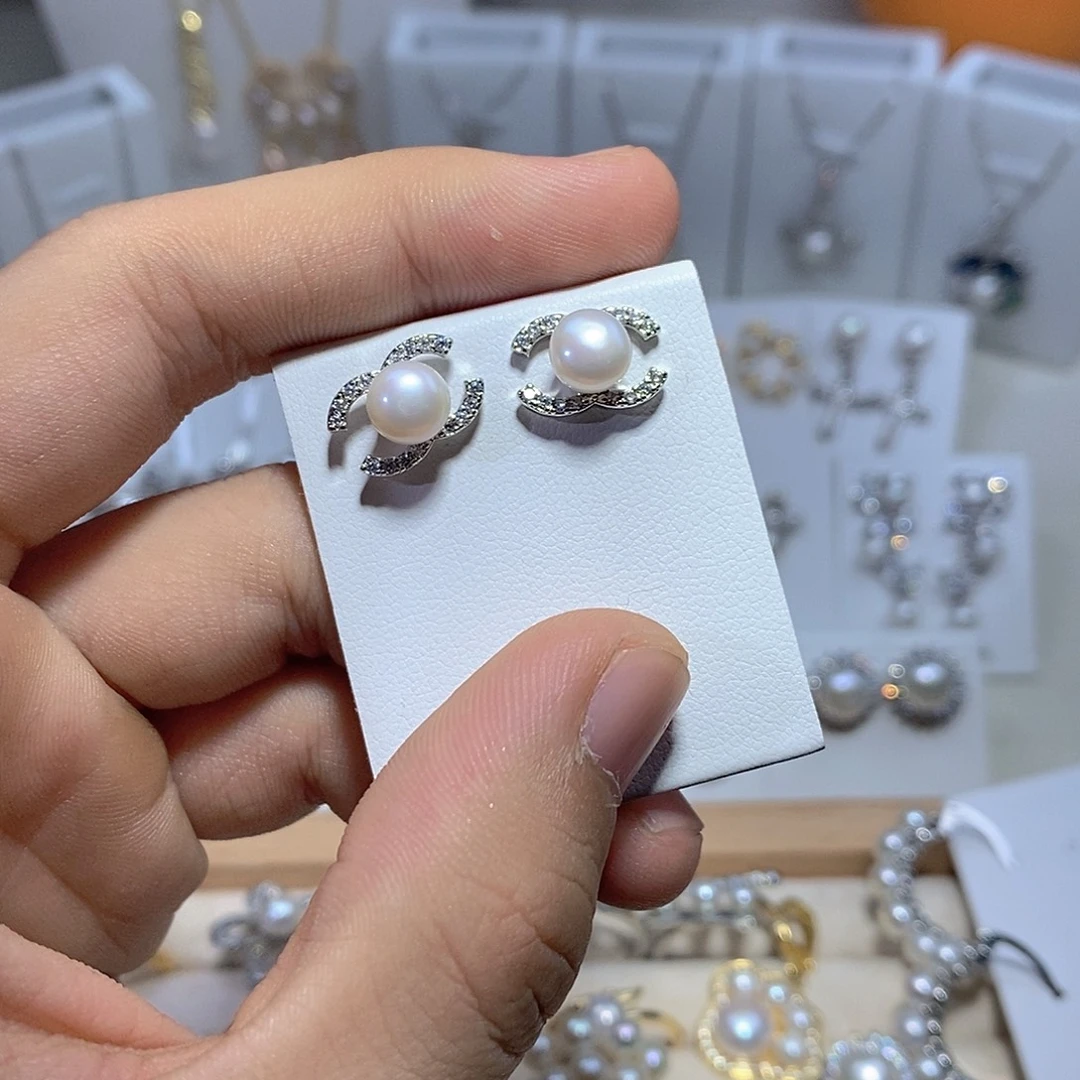 耳饰银S925镶嵌淡水珍珠
