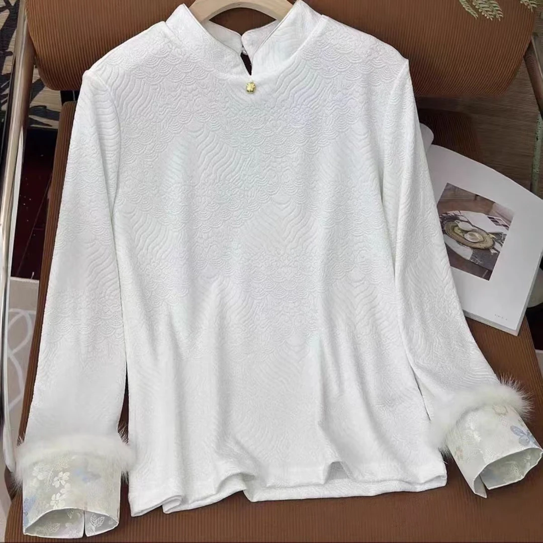 【祥瑞】新中式秋冬长袖白色针织打底衫女士半高领国风修身上衣小衫