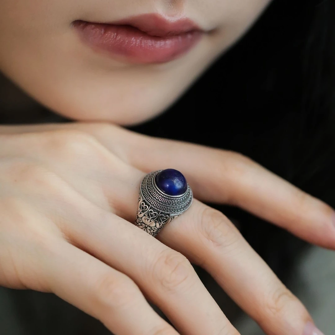 925银戒指 J13272合成青青镶嵌戒指时尚开口银戒复古手工