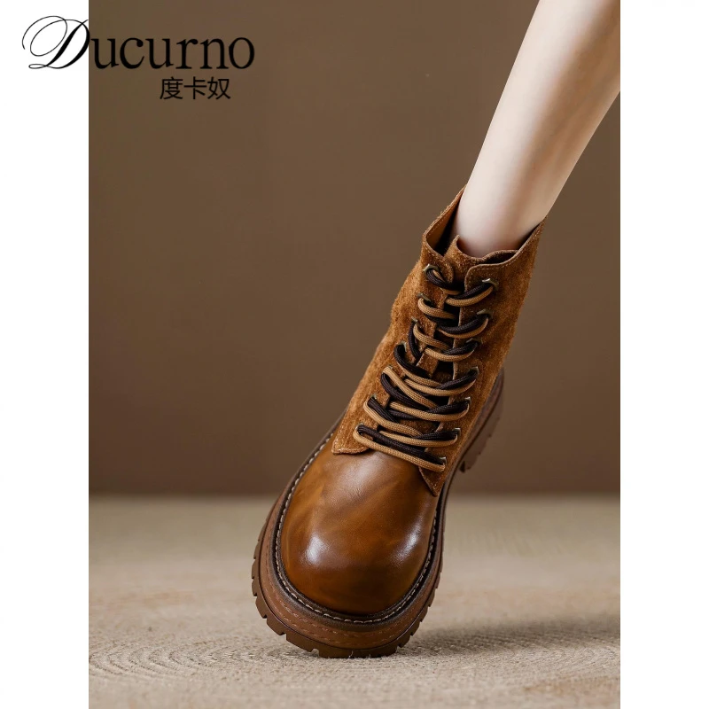 真皮马丁靴女秋季爆款短靴2025新款高帮鞋女百搭厚底系带机车靴子