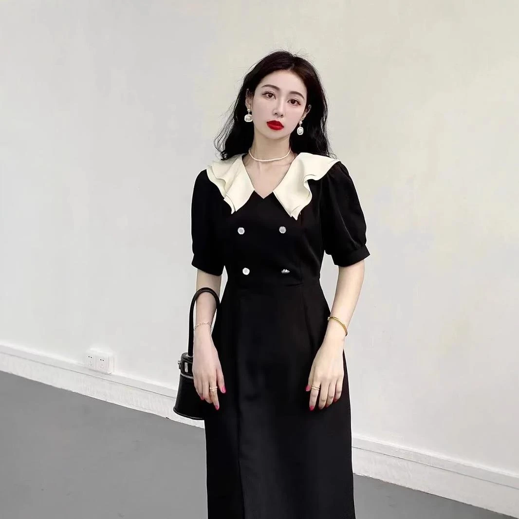 法式赫本风长裙子遮肉遮肚修身收腰赫本风小黑裙感黑色连衣裙女装