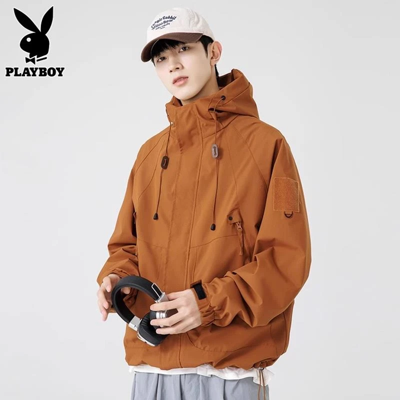 花花公子夏季冲锋衣男士潮流连帽工装登山防水夹克户外套男春款