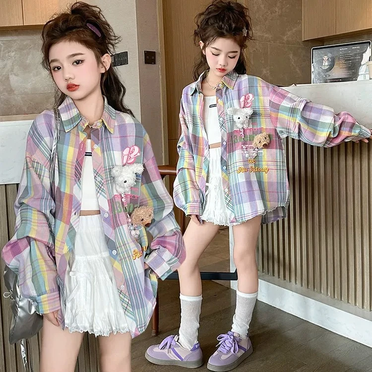 【断码清货】2025秋韩版带链玩偶彩色格子女童衬衫 D165 165 W B