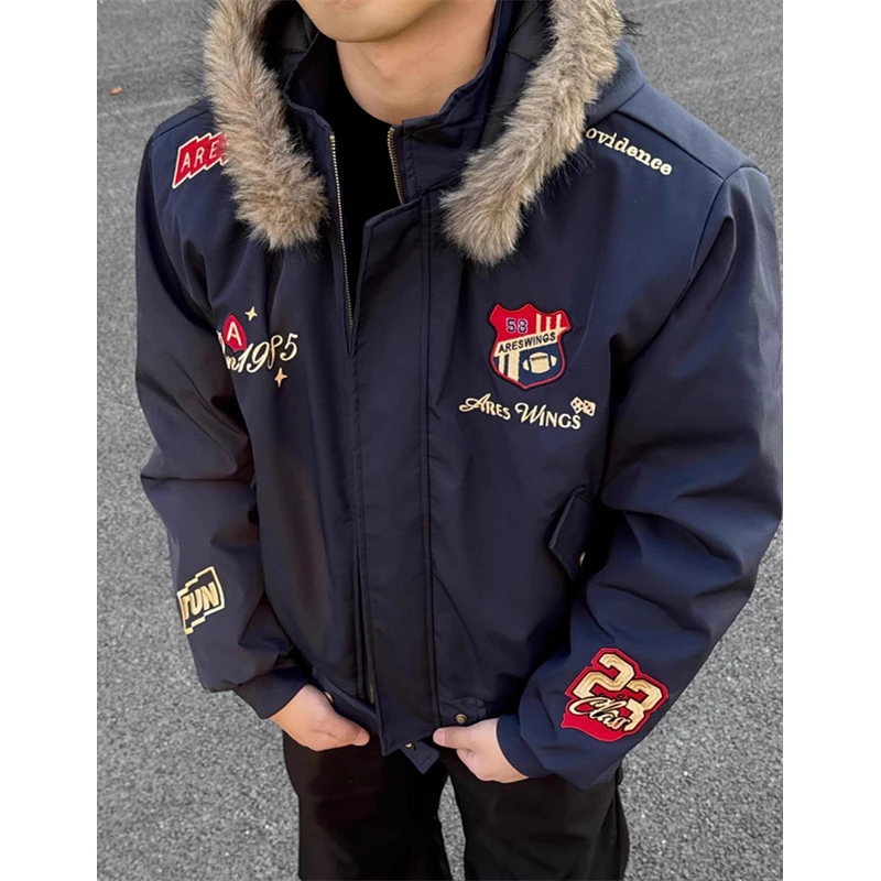 乌泥酱美式复古刺绣徽章座山雕棉衣外套男冬季小众加厚保暖夹克