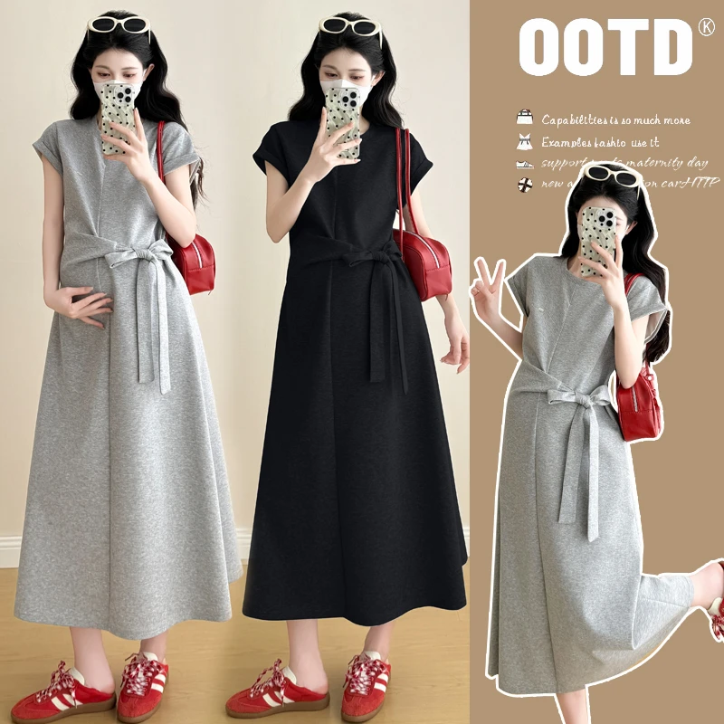 孕妇连衣裙夏季2025新款法式高级感孕妈穿搭宽松显瘦中长款系带裙