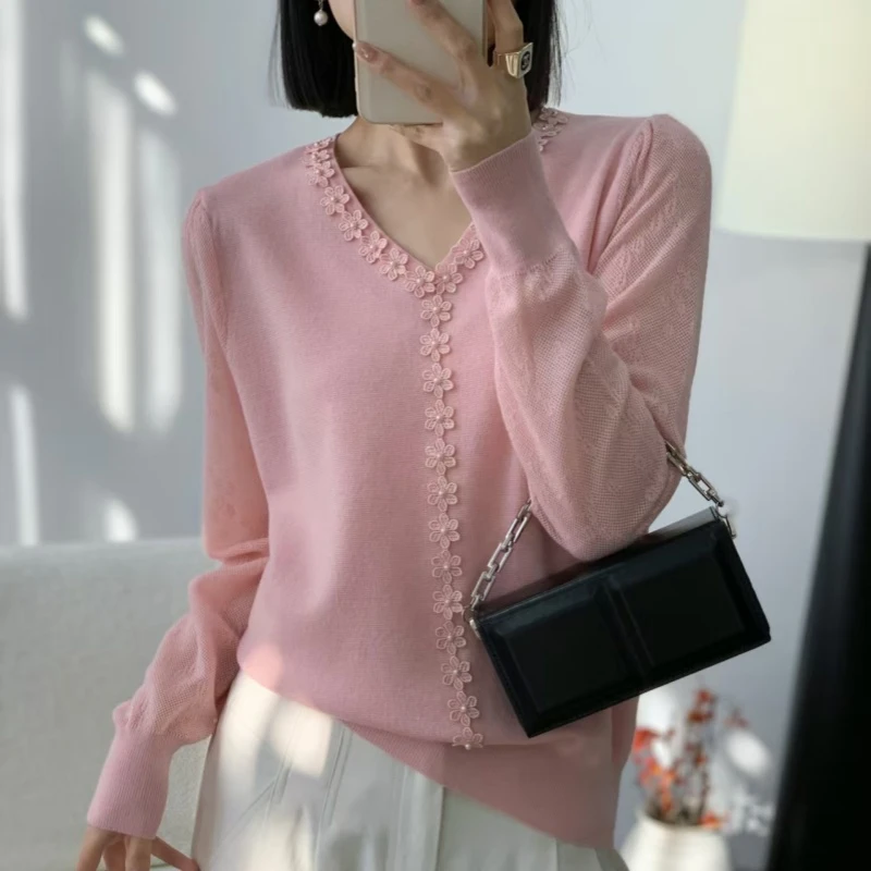羊范蕾丝精纺羊毛针织毛衣女士纱袖立体花花假开衫显瘦百搭打底衫