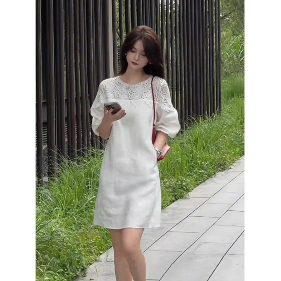 法式镂空中袖连衣裙女2025夏季新款简约气质休闲宽松显瘦中长裙潮