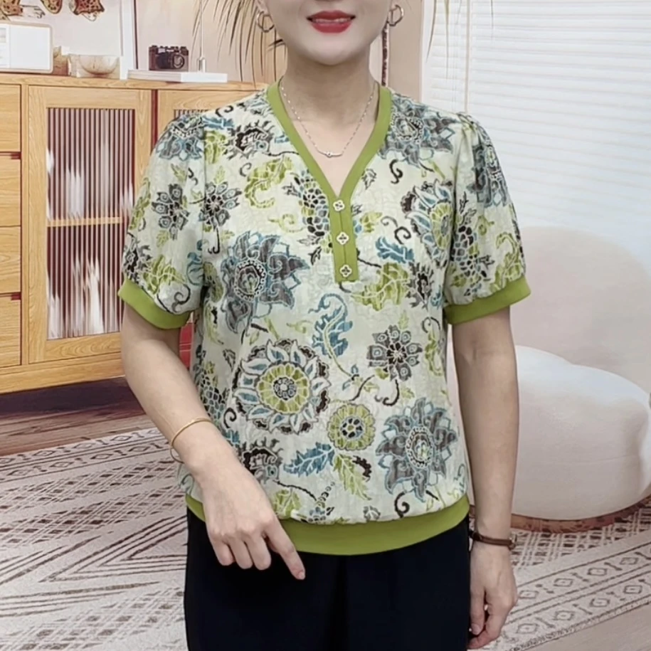 夏季新款时尚V领中老年气质妈妈装印花显瘦百搭Y238
