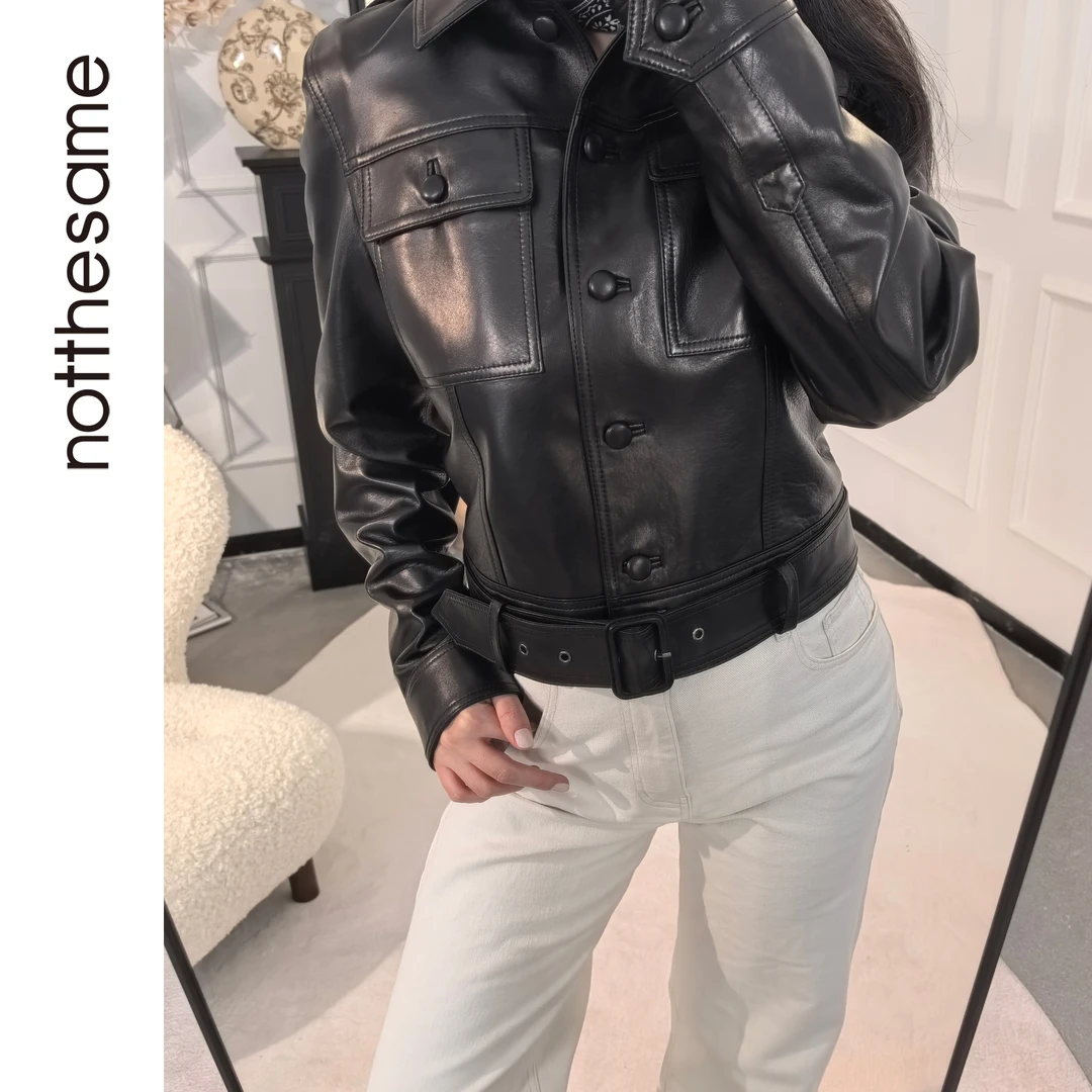 notthesame进口绵羊皮翻领短款短外套皮夹克皮衣女外套琥珀流光