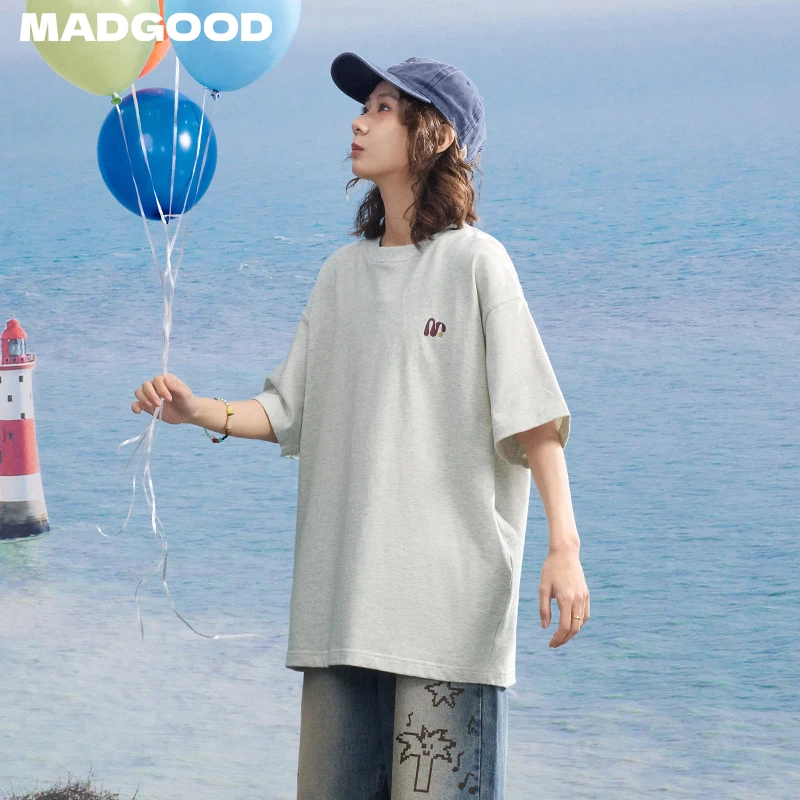 madgood马得工地日系240g双纱m变形logo印花短袖T恤情侣DX252118