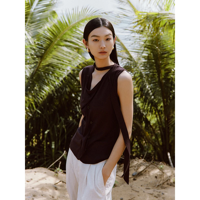 【针织衫】【商场同款新品】艾诺丝雅诗 荡领不对称飘带上衣50528137