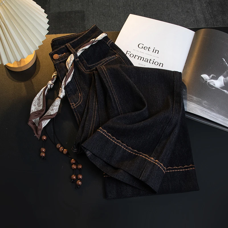 美思源九分牛仔裤女窄版阔腿裤秋季2025新款小个子直筒高腰奶奶裤