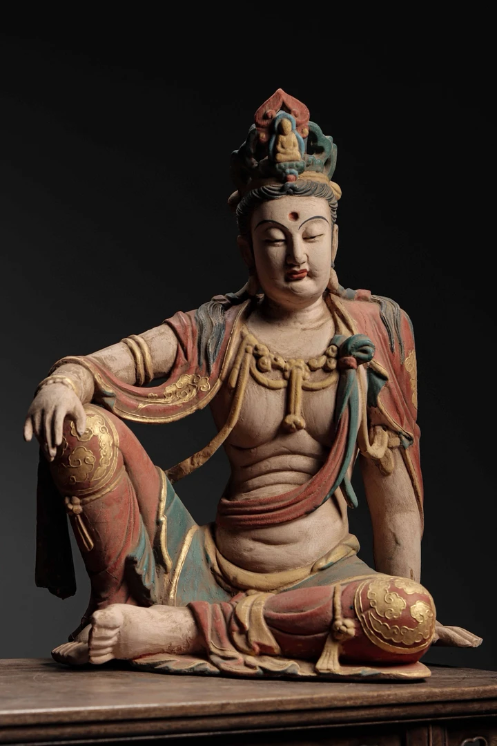 木雕彩绘自在观音造像 高60cm宽46cm厚28cm