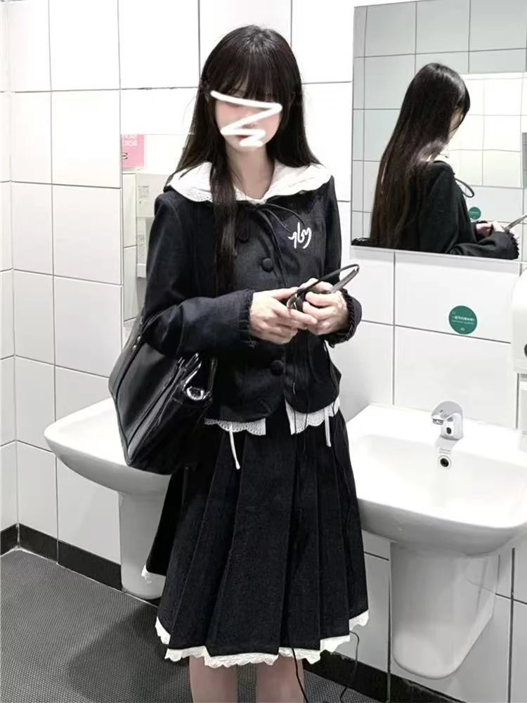 甜美清新韩系时尚套装学生百褶裙半身裙长袖衬衫三件套