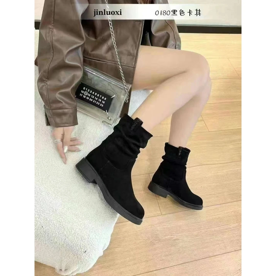 秋冬新款韩版通勤瘦瘦简约粗跟裸靴短靴66L0180(薄绒)