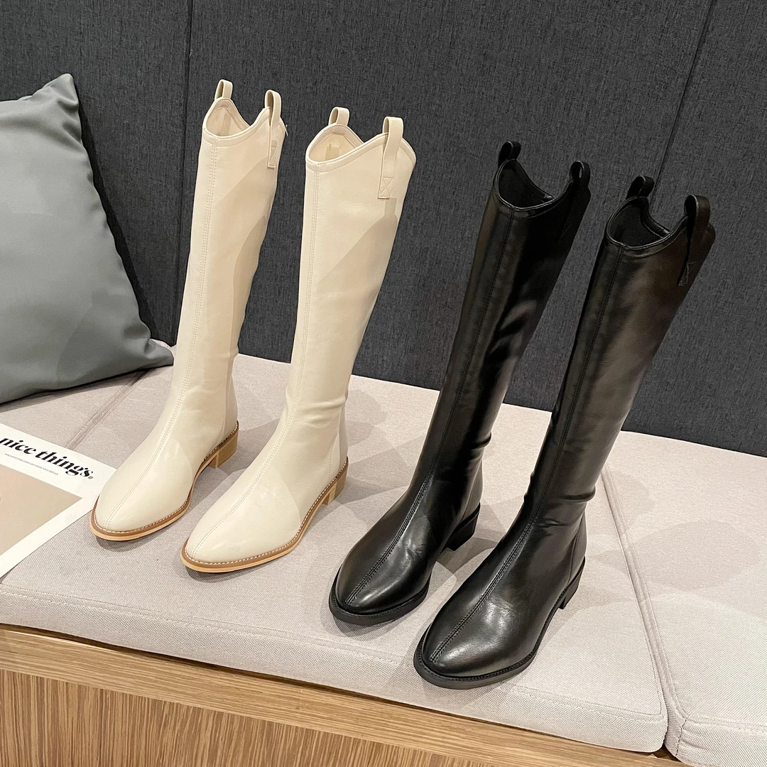 骑士靴女长筒靴2025年新款百搭尖头中筒西部牛仔靴高筒马丁靴子女