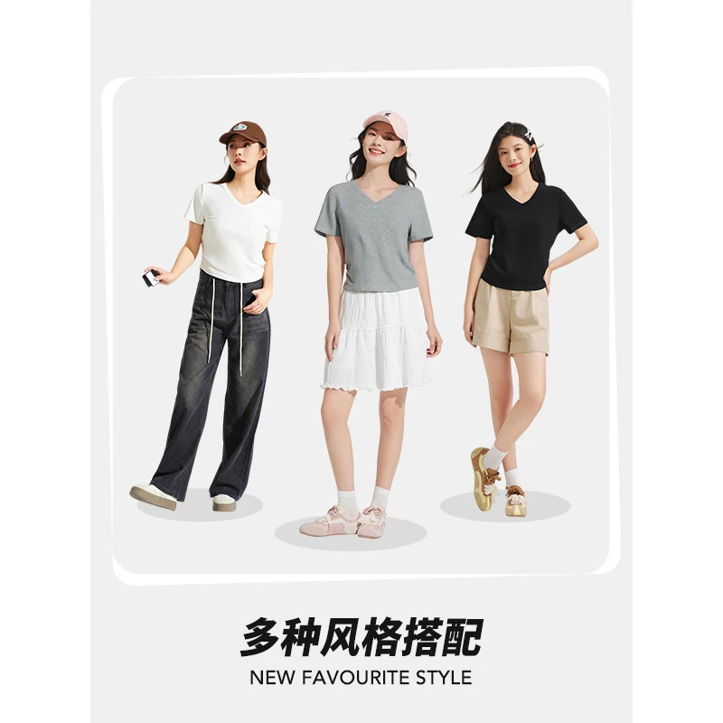 热风2025年夏季新款女士收腰V领气质洋气短T恤漂亮小衫F01W256201