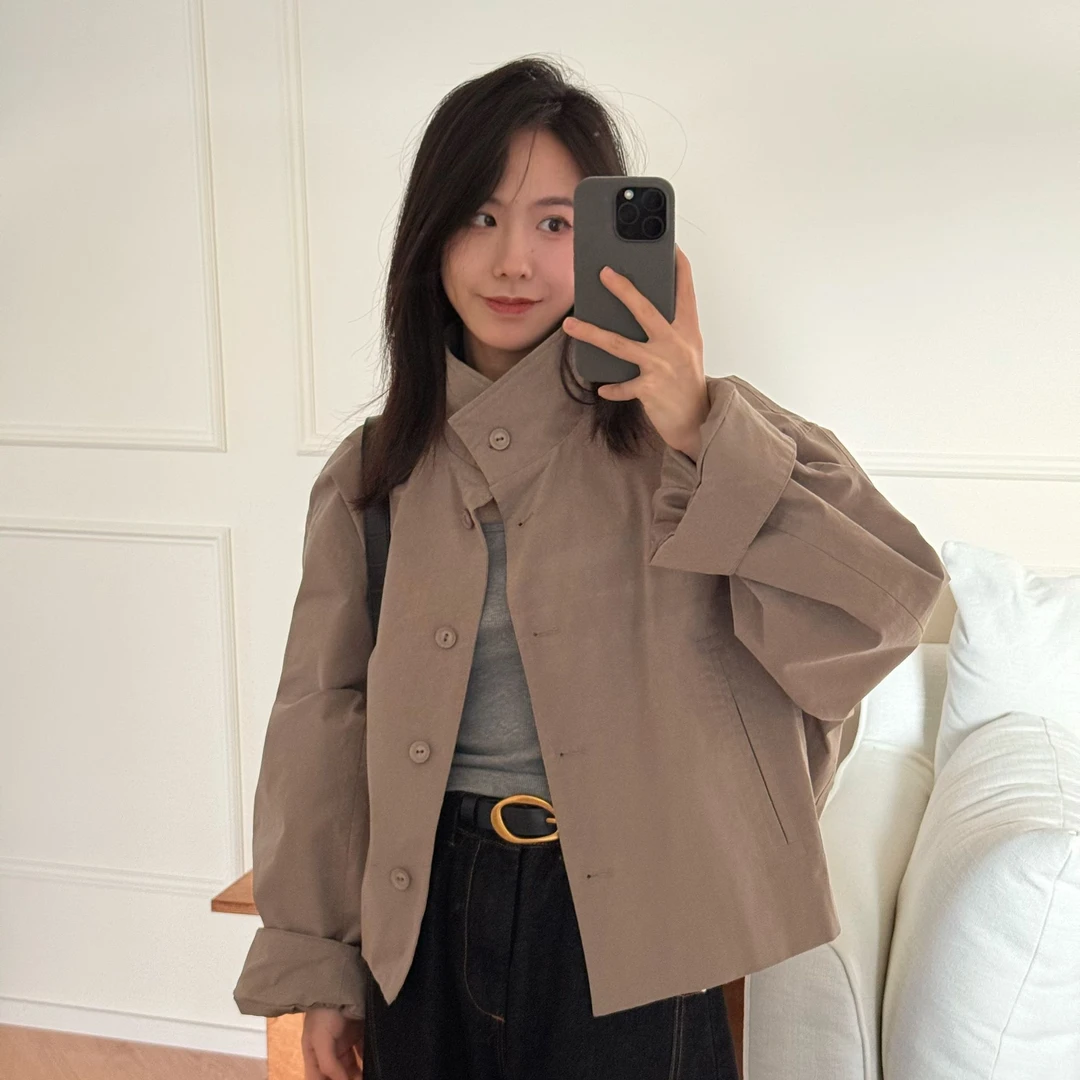 【一四六Yisiliu】小个子春季老钱风极简纯色立领休闲短款风衣外套