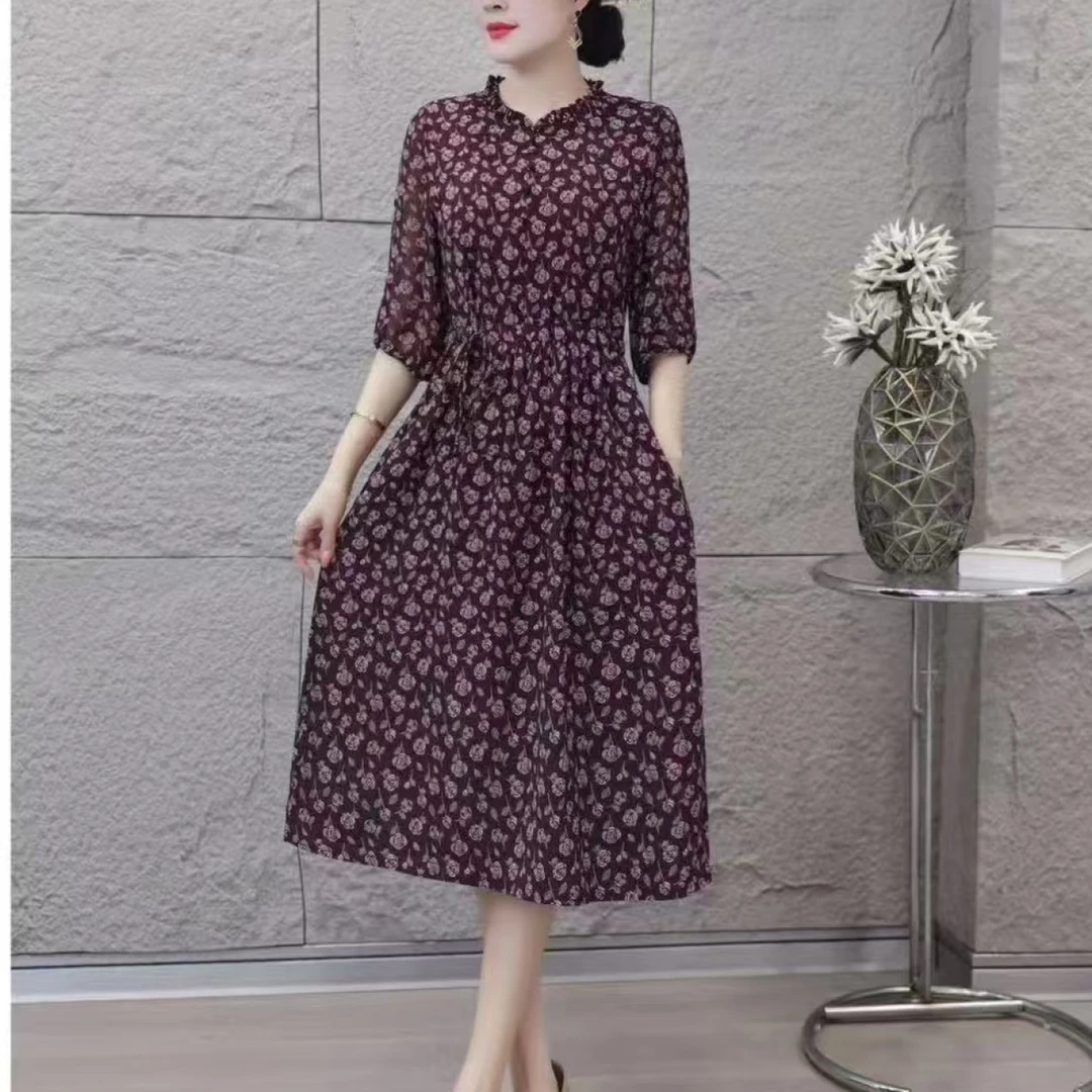 10016-春夏时尚显瘦修身遮肉气质妈妈装腰带收腰连衣裙【G仓】