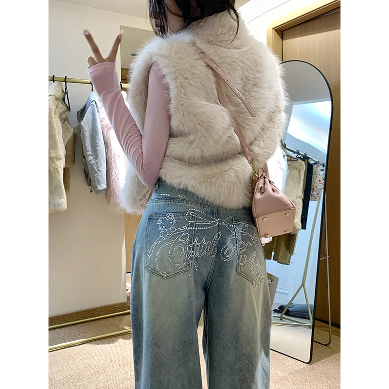 闪钻猫咪牛仔阔腿裤女2025秋季新款时髦感高腰宽松显瘦慵懒拖地裤