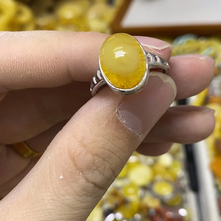 蜜蜡银S925镶嵌裸石戒指