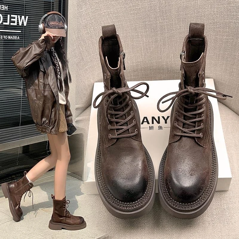 棕色马丁靴女款2025新款真皮美拉德靴子女秋冬厚底洋气小短靴冬季