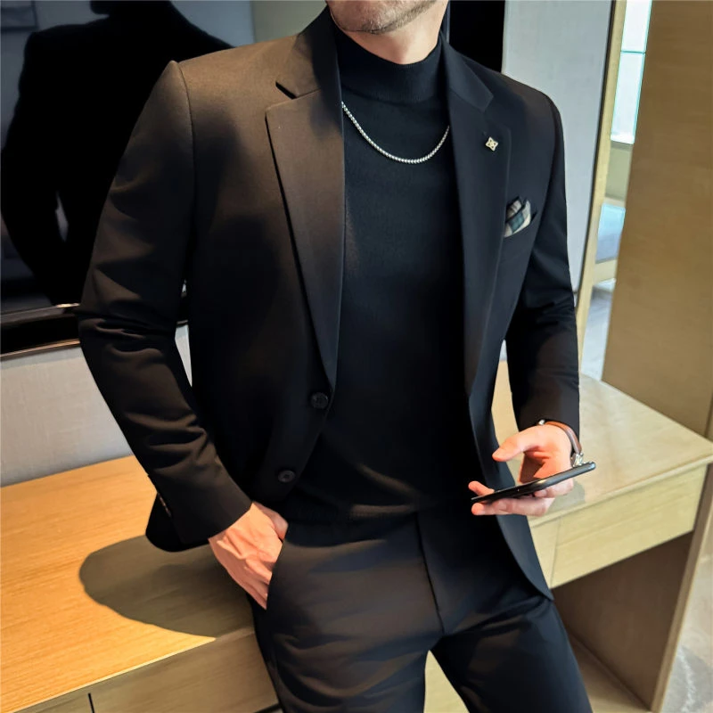 平驳领大码两粒扣双开叉西装青年潮流秋冬正装外套修身商务单西