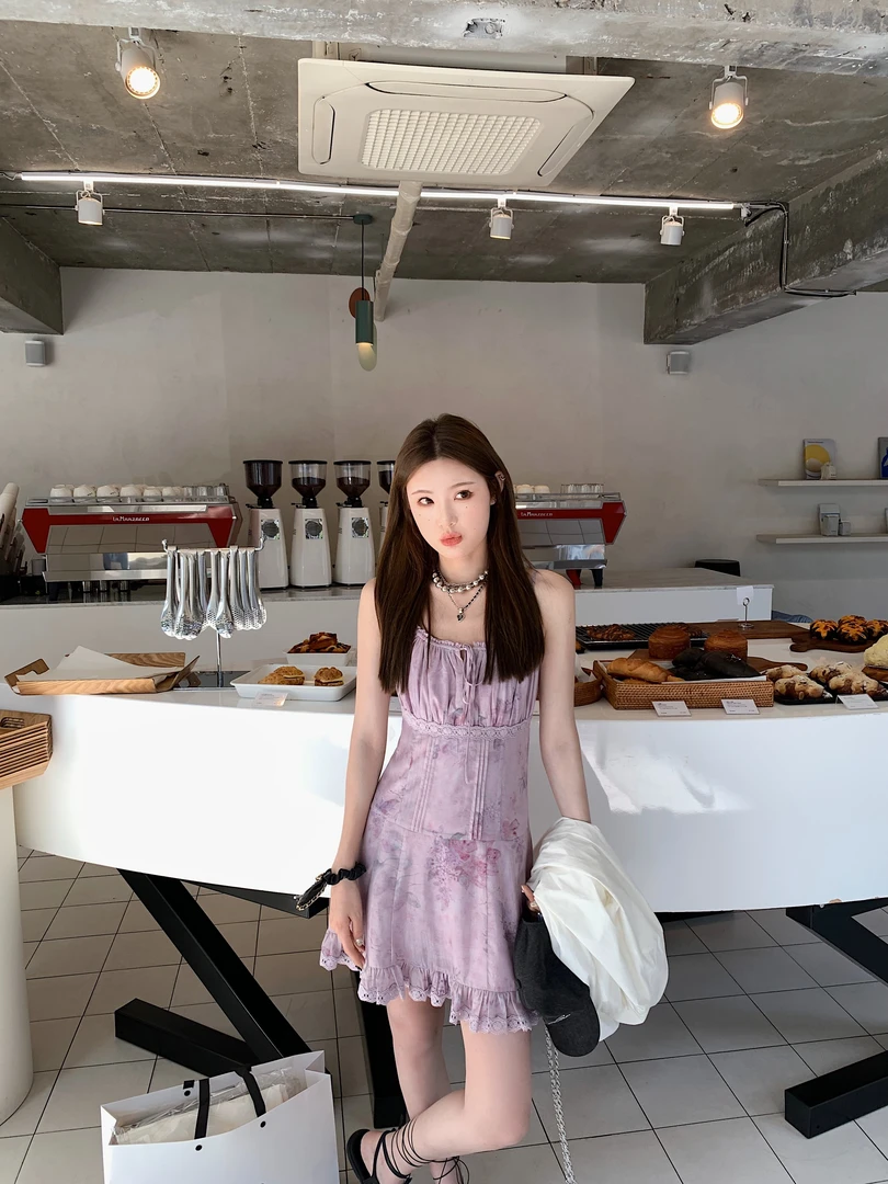 aaaaxbbb 烟熏野玫瑰 晕染蕾丝连衣裙花边重工设计吊带裙夏-折扣