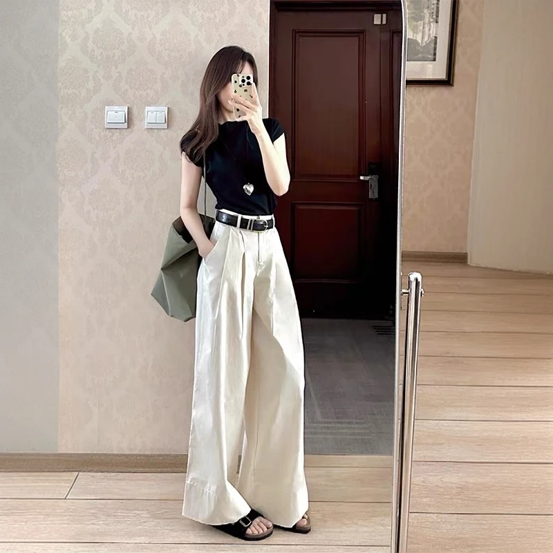 2025夏日常气质新款慵懒风韩系减龄圆领短袖上衣高腰阔腿裤两件套