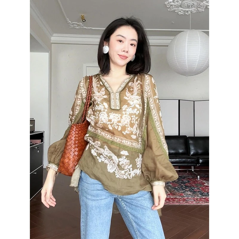 高级感轻奢减龄洋气亚麻苎麻上衣民族风印花v领衬衫女春2025新款