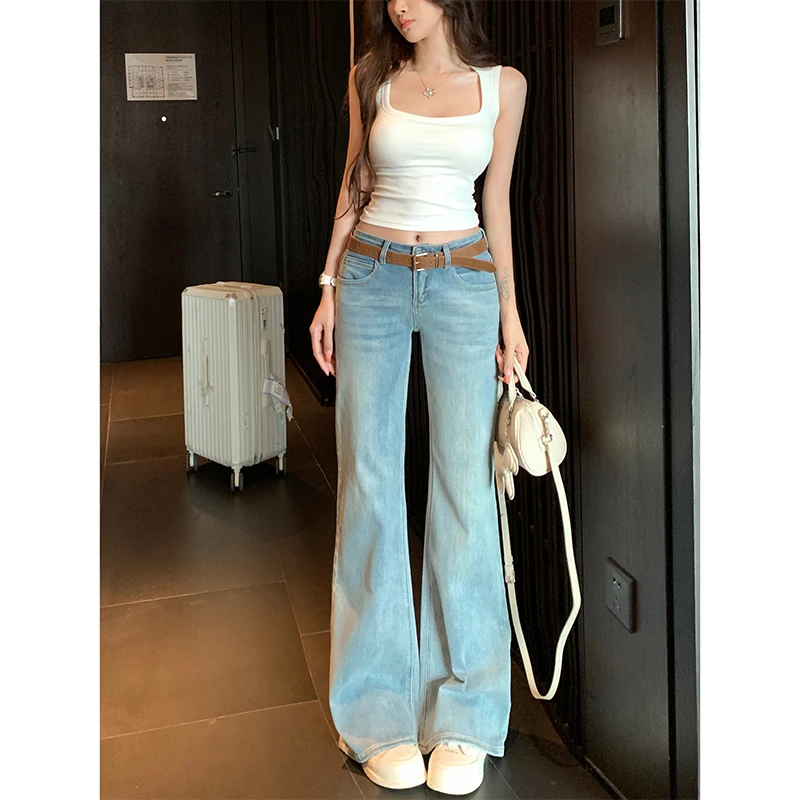 简约蓝调低腰不贴腿微喇牛仔裤女2025年秋季新款显瘦显腿长拖地裤