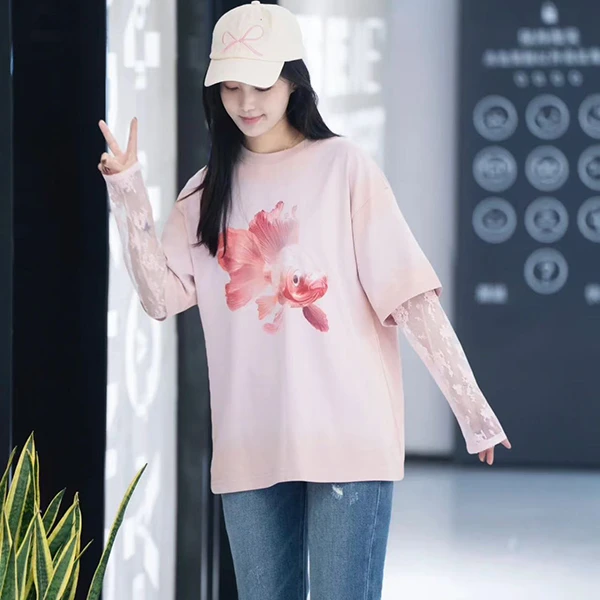 KS 2586-2025春季新款时尚百搭宽松卡通印花假两件T恤女