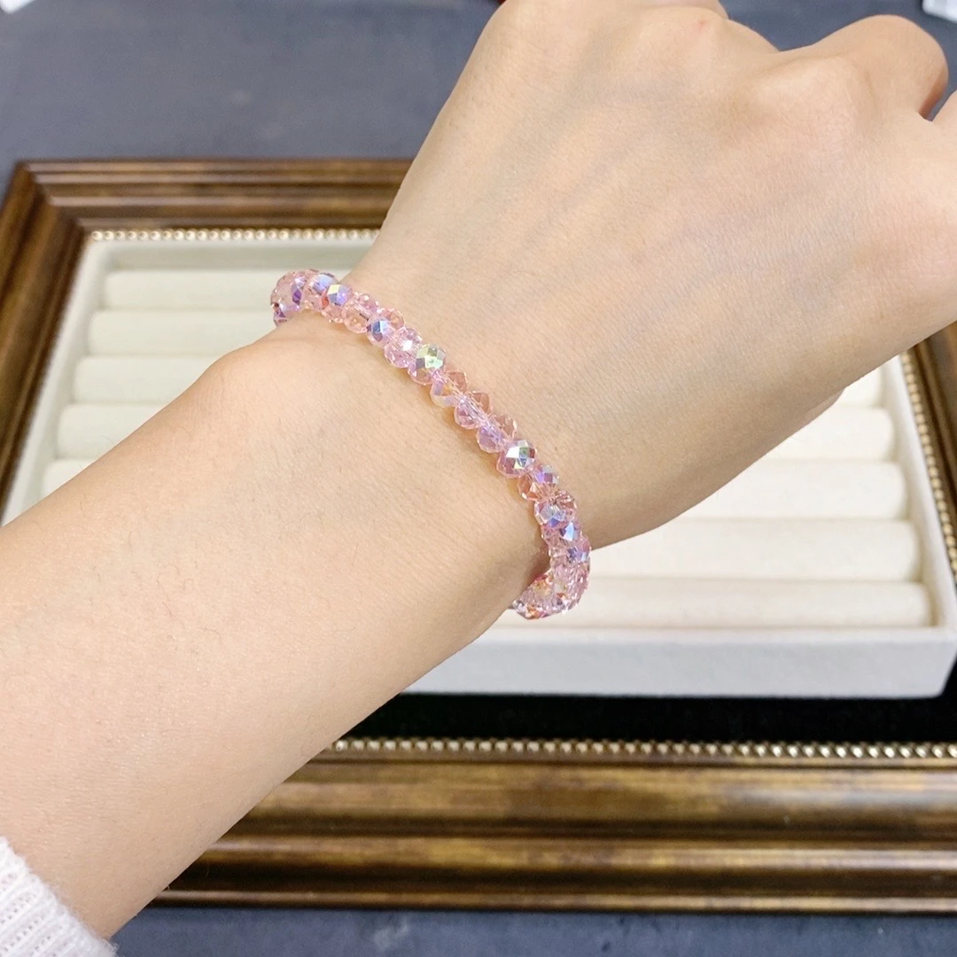 非金属仿水晶手链 742少女粉色6MM扁晶百搭水晶手串手链女款礼物