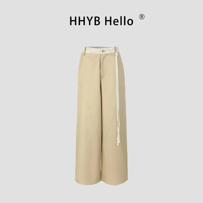 HHYB Hello2025夏季新款蕾丝拼接西装休闲宽松直筒裤子女Q254178