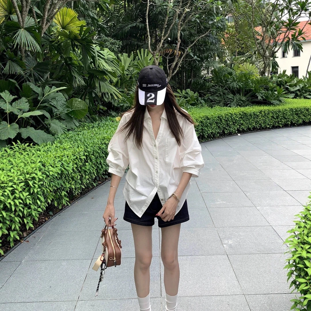 老钱风复古气质翻领泡泡袖白色长袖衬衫女收腰显瘦小众百搭上衣