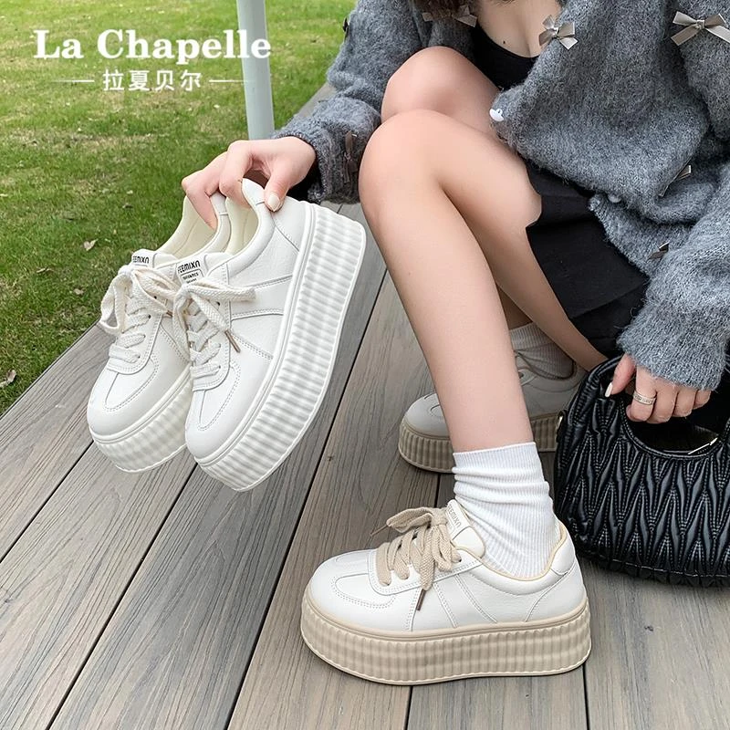 拉夏贝尔厚底小白鞋女款2025爆款新款春季休闲德训鞋增高百搭板鞋