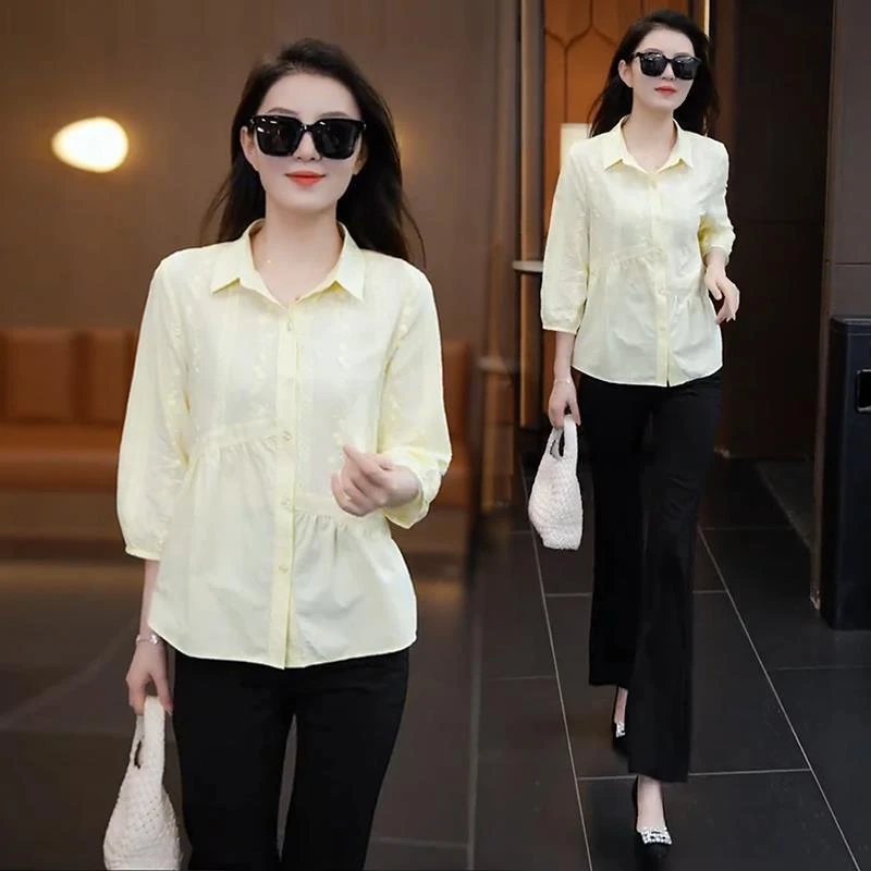 设计感提花衬衫女休闲八分袖上衣夏季新款时尚小个子减龄宽松衬衣