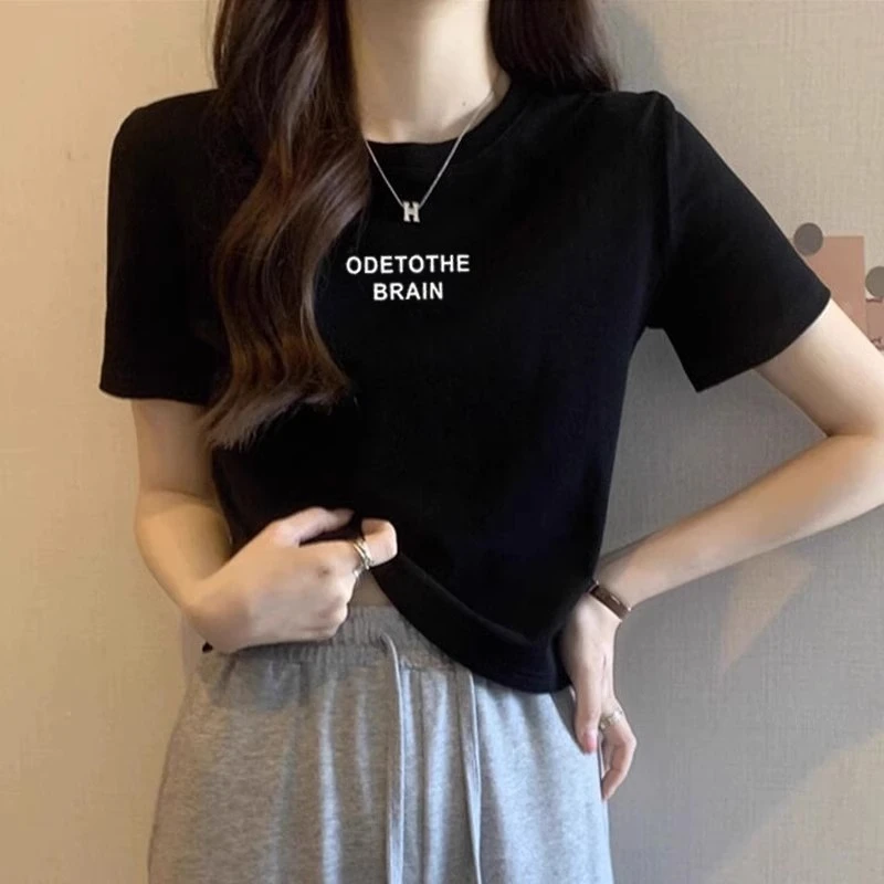 欧货黑色短袖t恤女年夏季新款修身显瘦短款辣妹圆领印花上衣