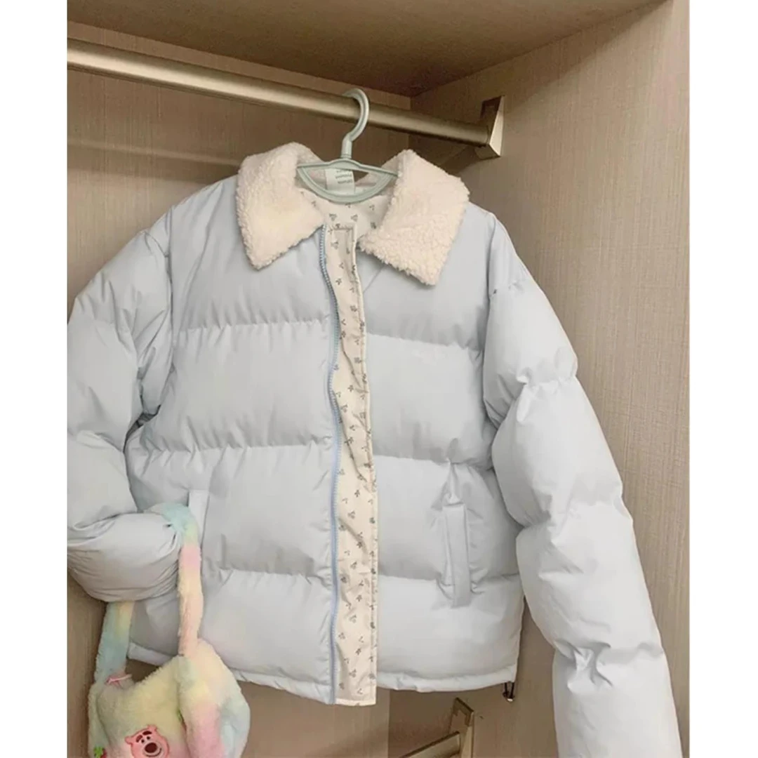韩系浅蓝色羊羔绒毛领棉服女2025年冬季新款学院加厚短款棉衣棉袄