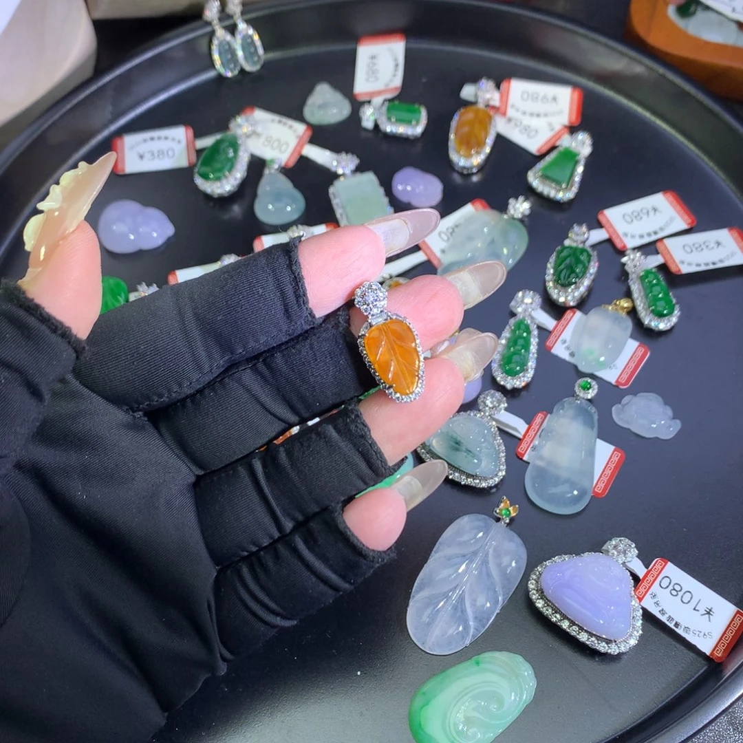 翡翠银S925镶嵌吊坠(不含链)冰黄叶