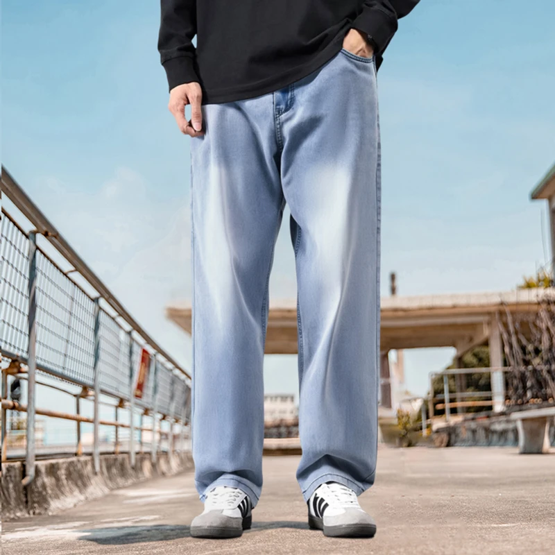 纺布者大码男装夏季超薄冰丝透气直筒牛仔裤潮胖加肥加大宽松长裤