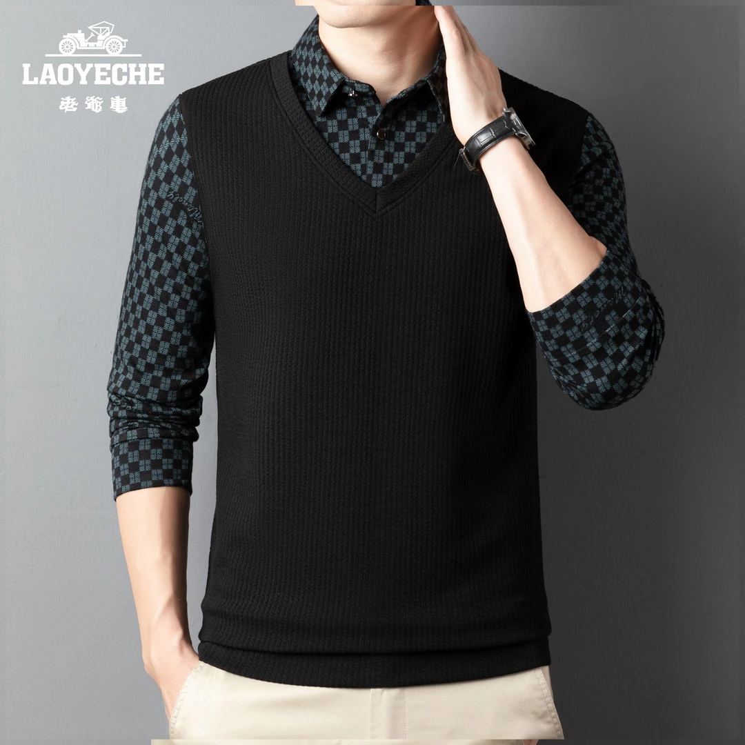 老爷车运动春秋新款长袖长袖休闲假两件POLO衫男士时尚百搭上衣服