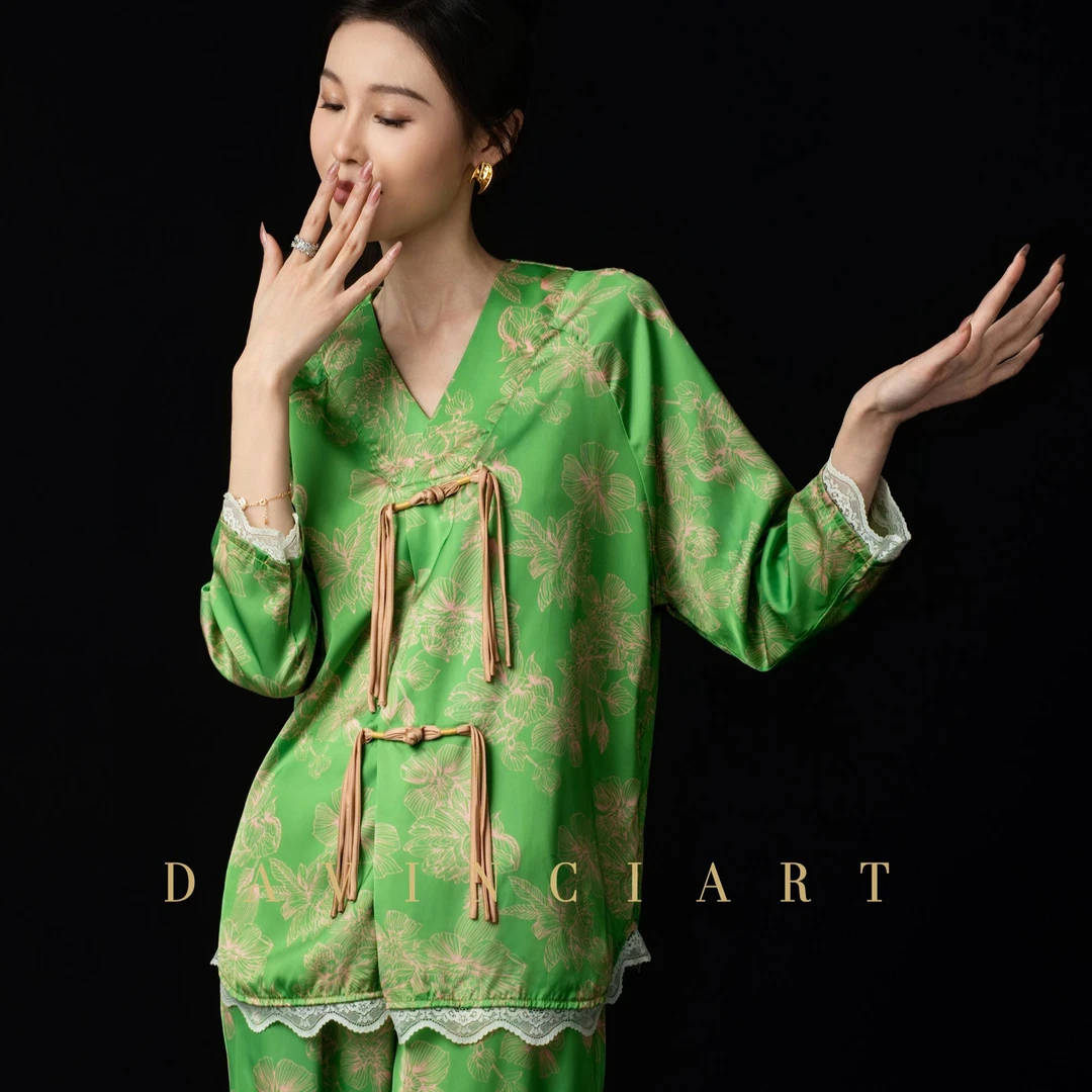 达芬奇密码2025新款【翠绿欲滴】轻奢国风睡衣女士秋季家居服套装