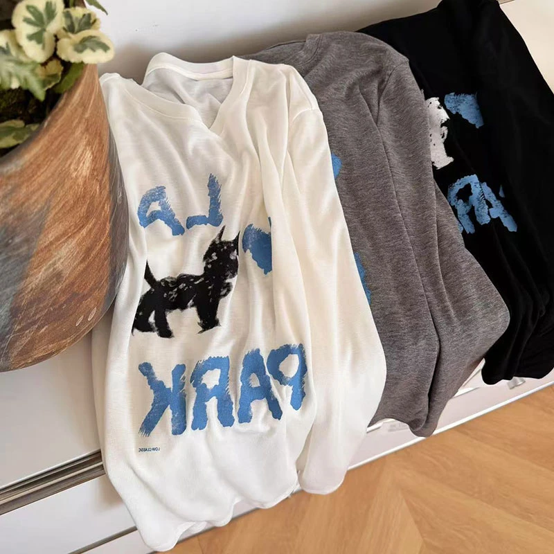 美式中长款印花长袖T恤女秋冬季2025新款高级感百搭微透防晒上衣