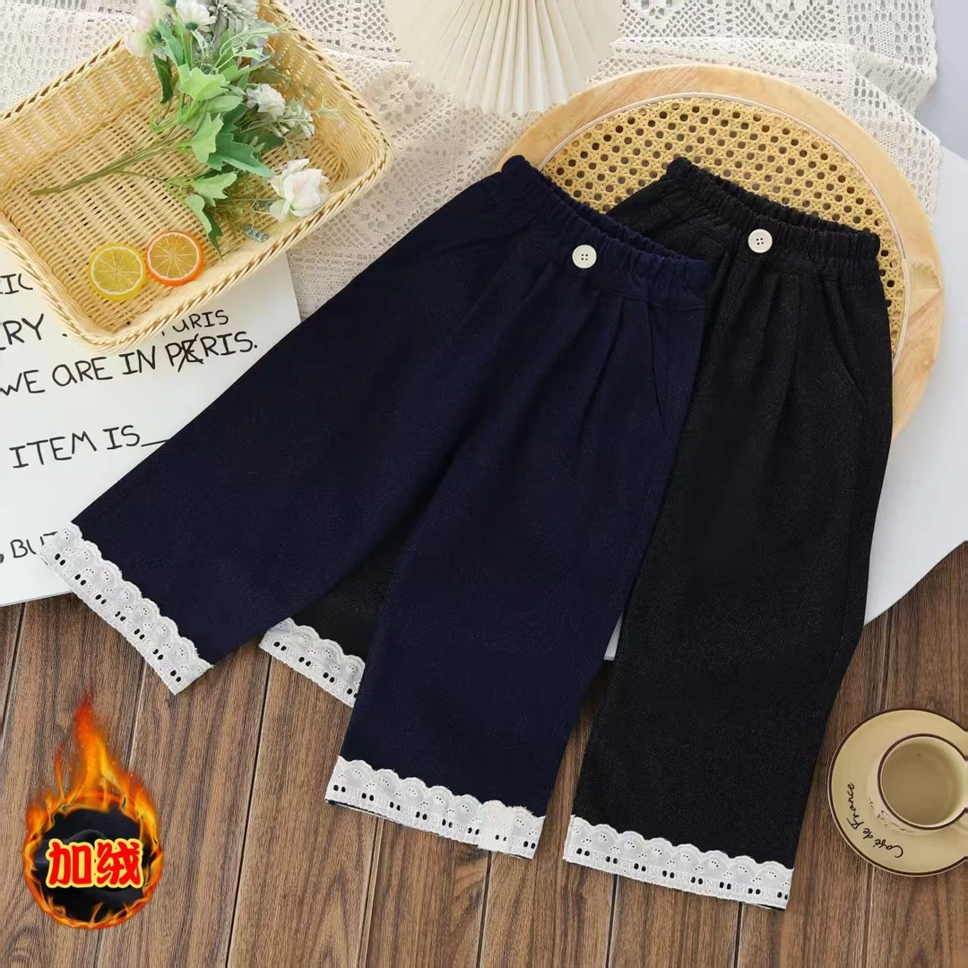 【柚妈童品】女童裤子加绒加厚款秋冬季韩版蕾丝花边休闲裤时尚百搭