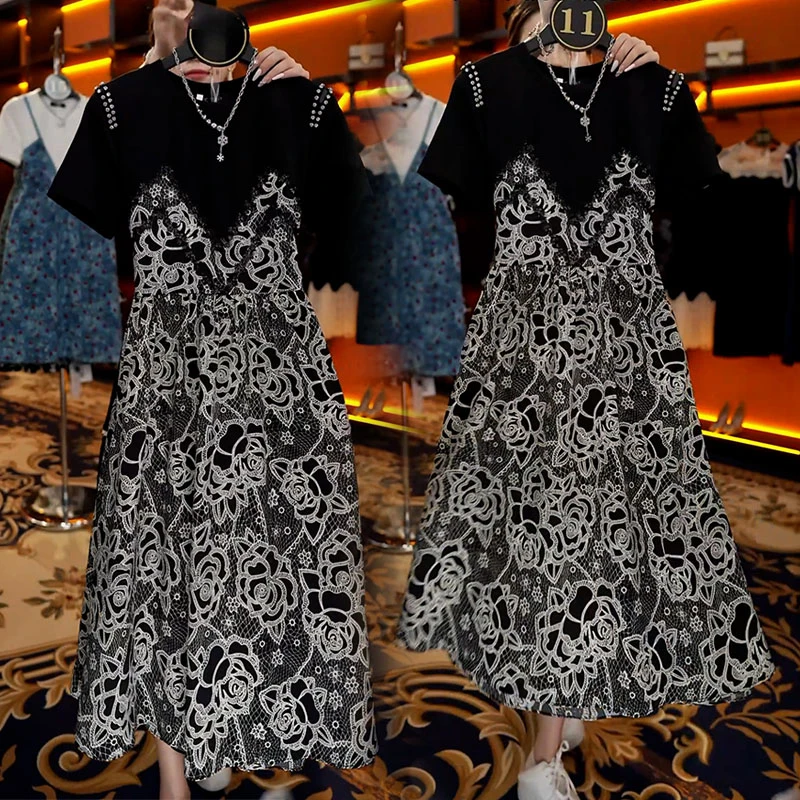 时尚法式玫瑰印花气质裙子2025夏季新款大码mm拼接宽松显瘦连衣裙