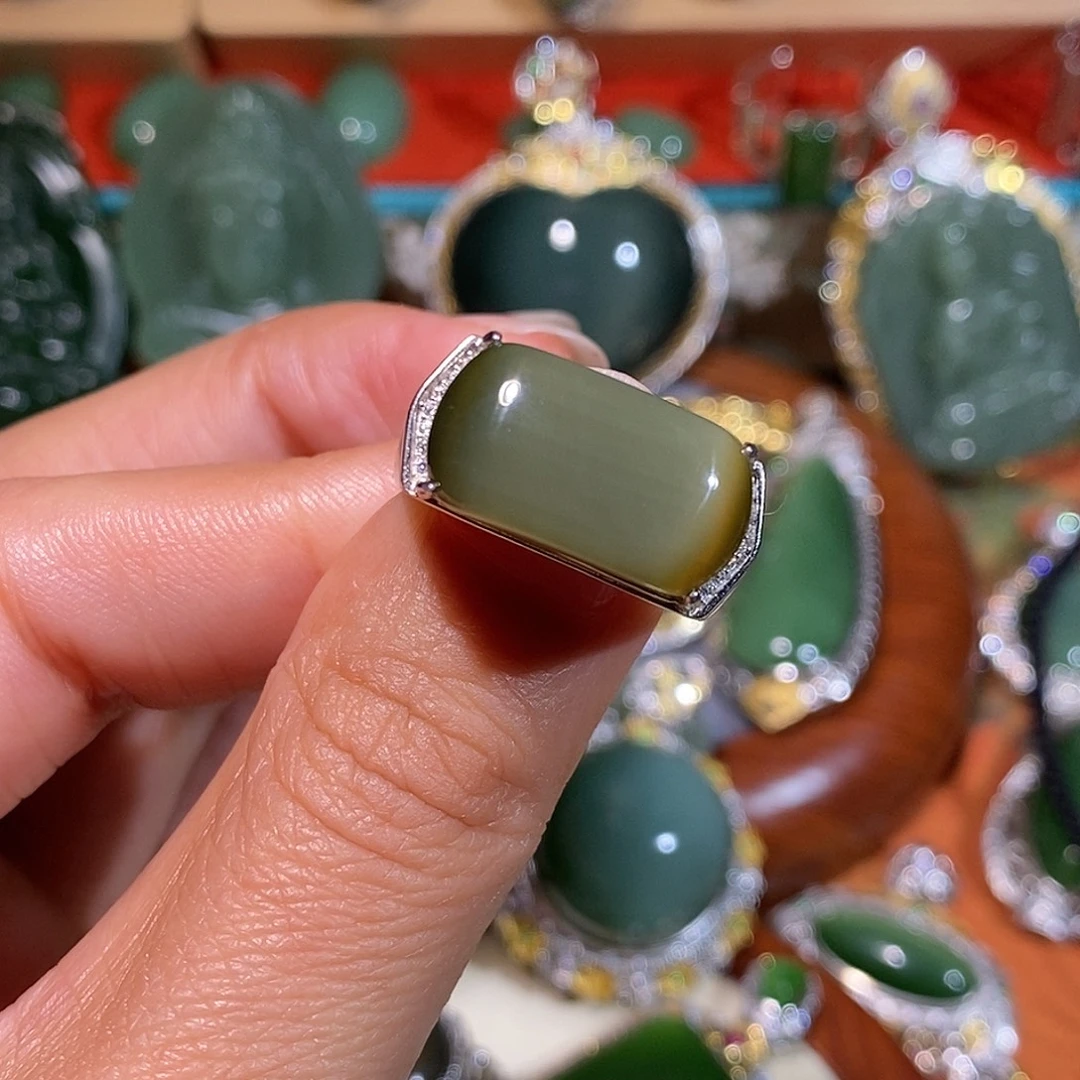 和田玉（碧玉）银S925镀金镶嵌戒指