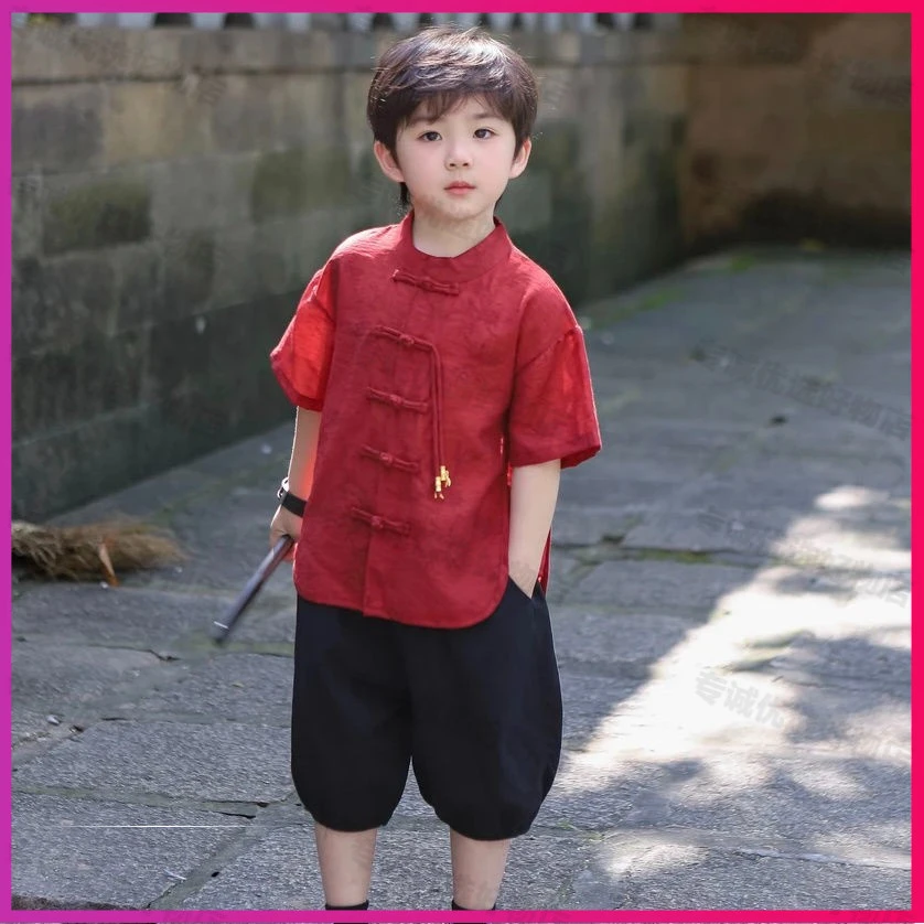 男童中式汉服幼儿园唐装清新正版学生版潮款复古风两件套套装衬衣