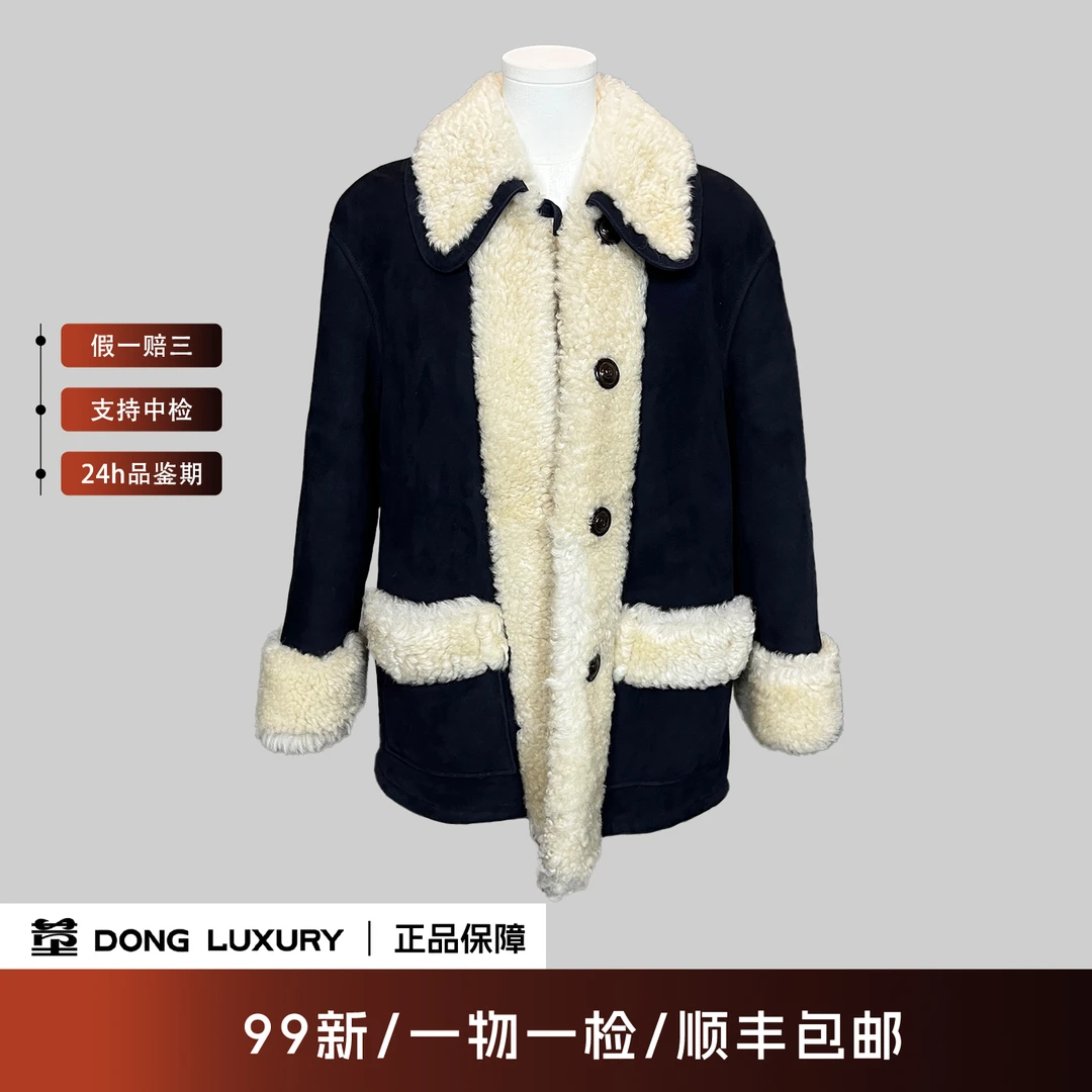 99新 GUCCI/古驰 黑白拼色羊羔皮草大衣/40码/A0529